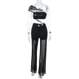 Mesh Patchwork One Piece Wide Leg Pants Jumpsuit
