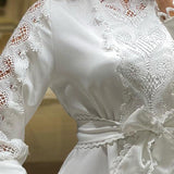 Women Sexy White Lace Hook Flower Hollow Patchwork Boho Long Sleeve Dresses Wedding Party