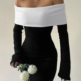 Black & White Off-the-Shoulder Maxi Dress with Long Sleeves