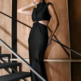 Hollow Out Turtleneck Solid Maxi Dress