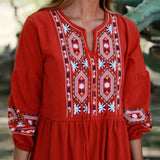 Cotton Linen Embroidery A Neck Ruffle Sleeve Boho Dress