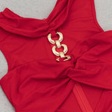 Red Metal Strapless Design Bodycon Midi Dress