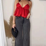 Red Solid Satin Puff Short Camisole Top