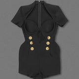 Short Sleeve Gold Button Black Jumpsuit