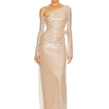 Mesh Sequin 3D Flower Long Sleeve Bodycon Maxi Dress