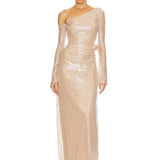 Mesh Sequin 3D Flower Long Sleeve Bodycon Maxi Dress