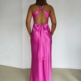 V Neck Sleeveless Satin Bow Backless Maxi Dress