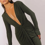 Elastic Deep V-Fold Lace Maxi Dress