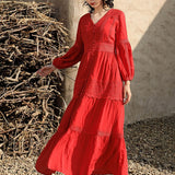 Women Cotton Patchwork Lace Dresses V-Neck Lantern Sleeve Maxi Dress