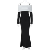 Black & White Off-the-Shoulder Maxi Dress with Long Sleeves