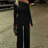 One Shoulder Flare Sleeve Top Long Pant Suit