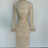 Feathers Rhinestone Folds Midi Dress