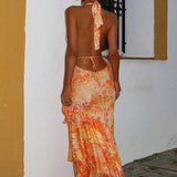 Tie-Dye Print Halter Bra and Ruffles Long Skirts