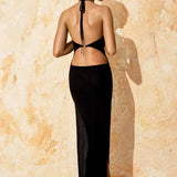 Solid Backless Halter Knit Slit Maxi Dress