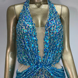 Halter Blue Sequins Sparkly Glitter Maxi Dress