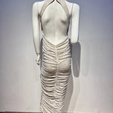 Halter Neck Backless Crystal Folds Long Dress