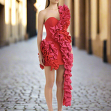 Solid Ruffles One Shoulder Strips Prom Mini Dress