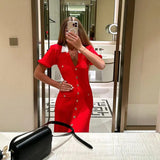 Ribbed Contrast Collar Short Sleeve Buttoned Midi Dress