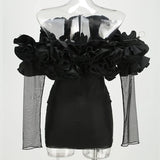 Black Mesh Full Sleeve Ruffles Mini Dress