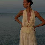 Halter Pleated Top Elastic Waist Long Skirt Suit