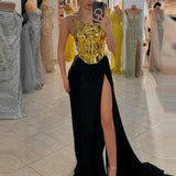 Strapless Gold Top & High-Slit Skirt Set