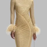 Long Sleeve Feathers Rhinestone Midi Dress
