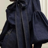 Denim Puff Sleeve High Neck Top