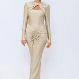 Long Sleeved Pleated Hollowed Out Maxi Dress