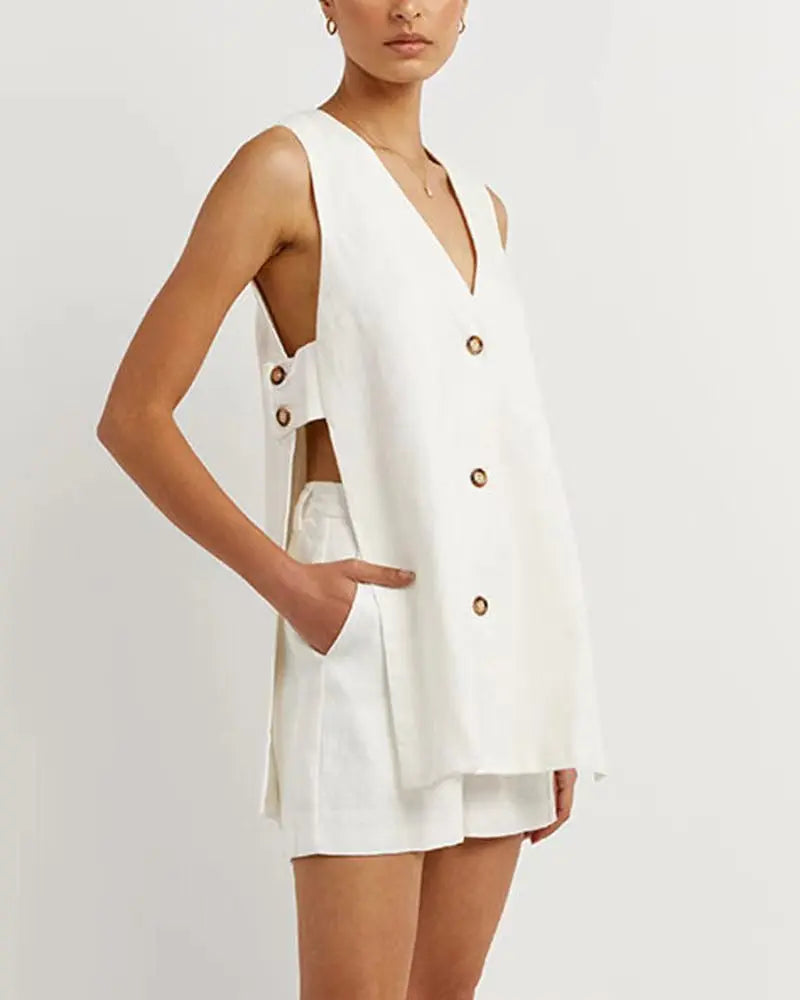 Cotton V Neck Buttons Solid Vest and Shorts Suits