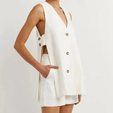 Cotton V Neck Buttons Solid Vest and Shorts Suits