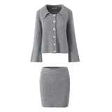Lapel Cardigan Elastic Waist Mini Skirt Suits
