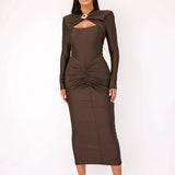 Long Sleeved Pleated Hollowed Out Maxi Dress