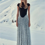 Black Fishbone Top Sequin Mesh Long Skirt Set