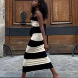 Striped Knitted Crop Top and Midi Skirt Suit