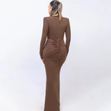 Elastic Deep V-Fold Lace Maxi Dress