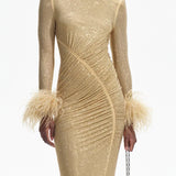 Feathers Rhinestone Folds Midi Dress
