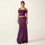 Purple Mesh Two-Piece Set with Sheer Halter Top and Long Skirt