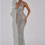 Open Back Sequins Sparkling Halter Maxi Dress