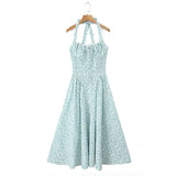 Floral Bow Halter Neck Lacing Up Midi Dress