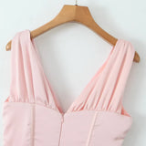Stain Pleated Ruched Strap Bow Folds Hem Mini Dress