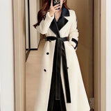 Contrast Color Patchwork Overcoat with Belt