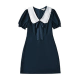 Short Puff Sleeve Bow Detail Dots Print Mini Dress