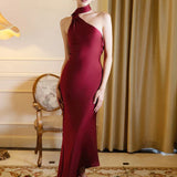 Satin Backless Halter Ribbon Black Maxi Dress