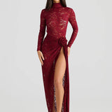 Turtleneck Top And Floral Split Long Skirt Sets