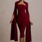Cape Long Sleeve Square Collar Midi Dress