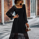 Chic Lace Lantern Sleeve Ruffles Square Collar Dress
