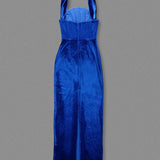 Blue Velvet Halter Sleeveless Maxi Dress