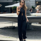 Solid Sleeveless Vest High Waist Straight Pant Suit