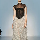 Black Fishbone Top Sequin Mesh Long Skirt Set