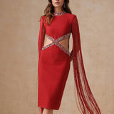 Fringe Sleeve Tassel Sequined Midi Dress